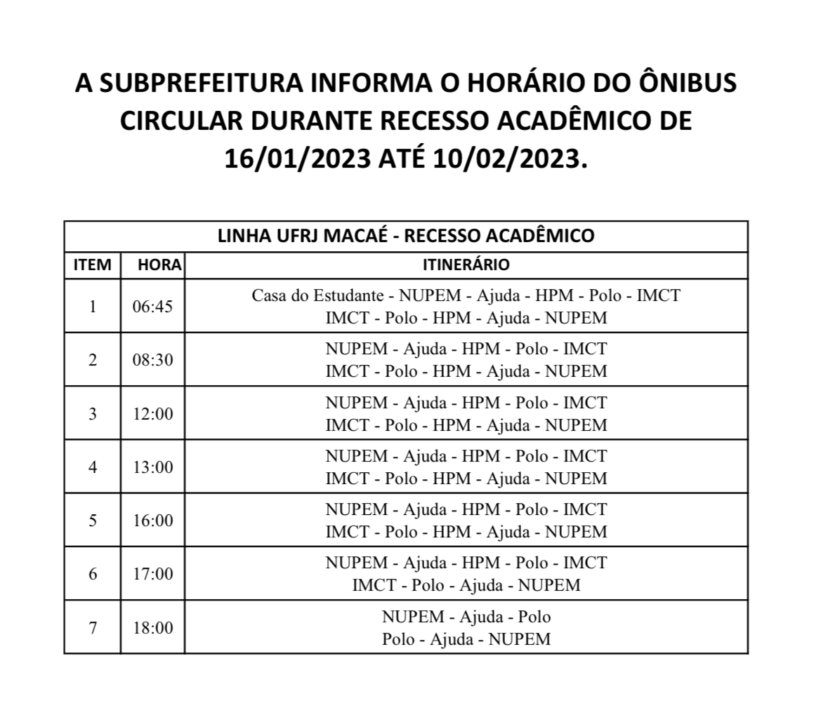 HORÁRIO DO ÔNIBUS CIRCULAR NO PERÍODO DE 16/01/2023 ATÉ 10/02/2023